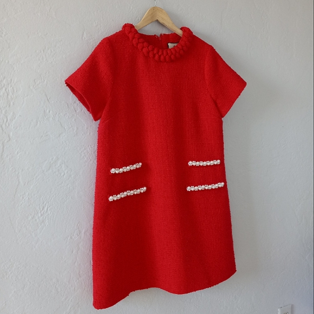 Tuckernuck Red Tweed Jackie Dress Pearl Embellishment L - Picture 8 of 16